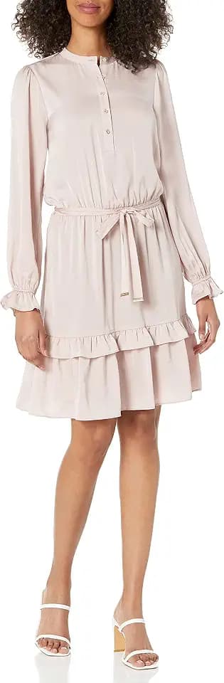 Tommy Hilfiger Women's Long Sleeve Button Front Dress with Flounce Skirt