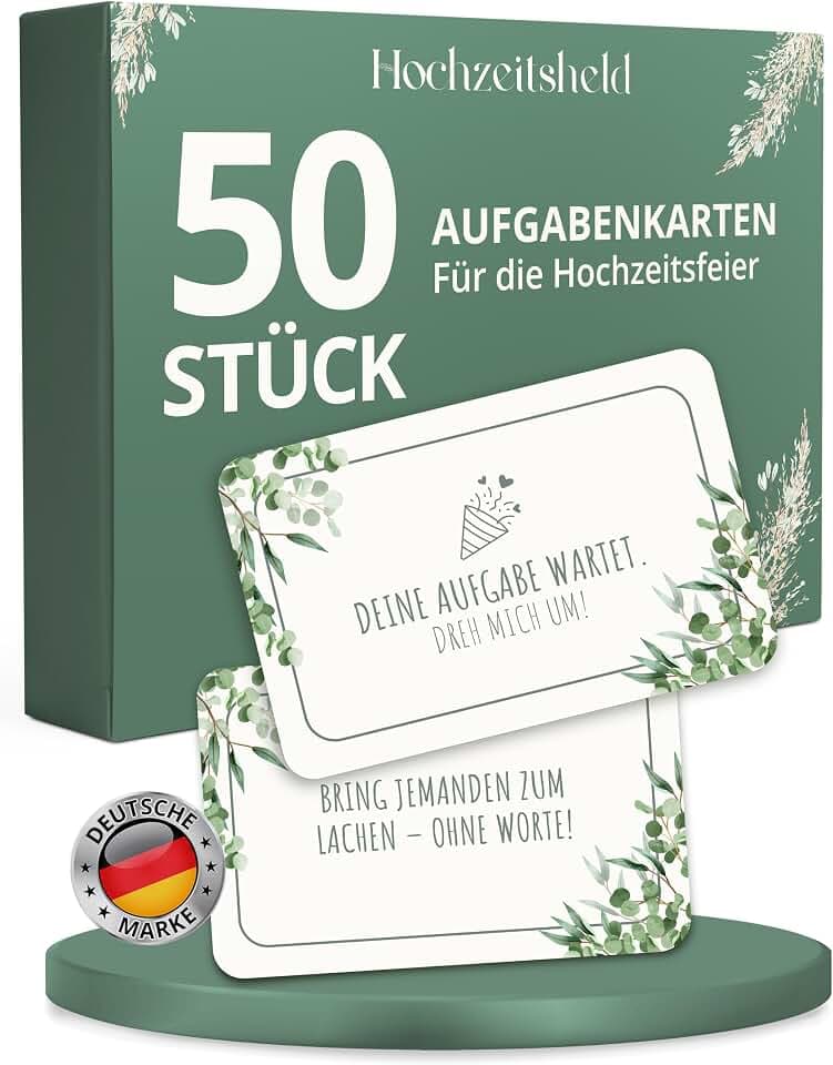 HOCHZEITSHELD Aufgabenkarten Hochzeit 50 Stück, Hochzeitsspiele für Gäste