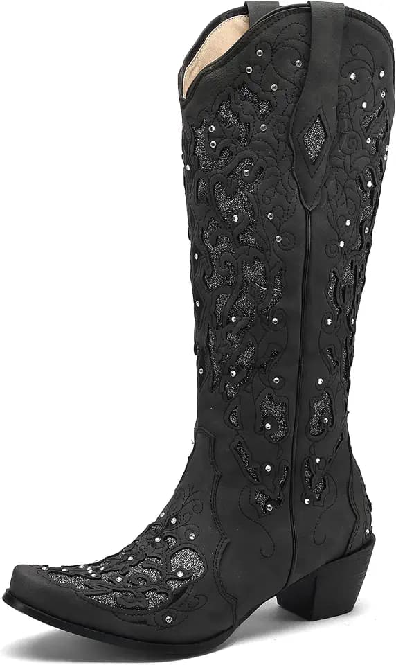 SaraIris Black Cowgirl Boots for Women Cowboy Boots Western Boots Chunky Heel Pointed Toe Pull On Rhinestones Knee High Boots