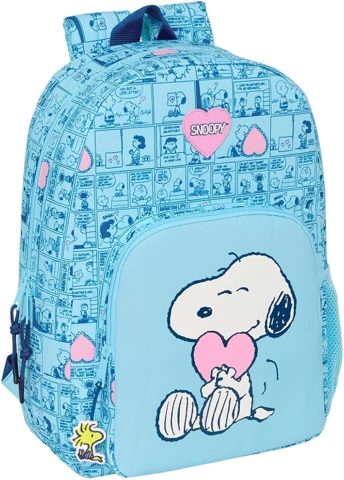safta SNOOPY Love Schulrucksack, anpassbar an Kinderwagen, ideal für Kinder verschiedener Altersgruppen, bequem und vielseitig, Qualität und Widerstandsfähigkeit, hellblau, M, Casual