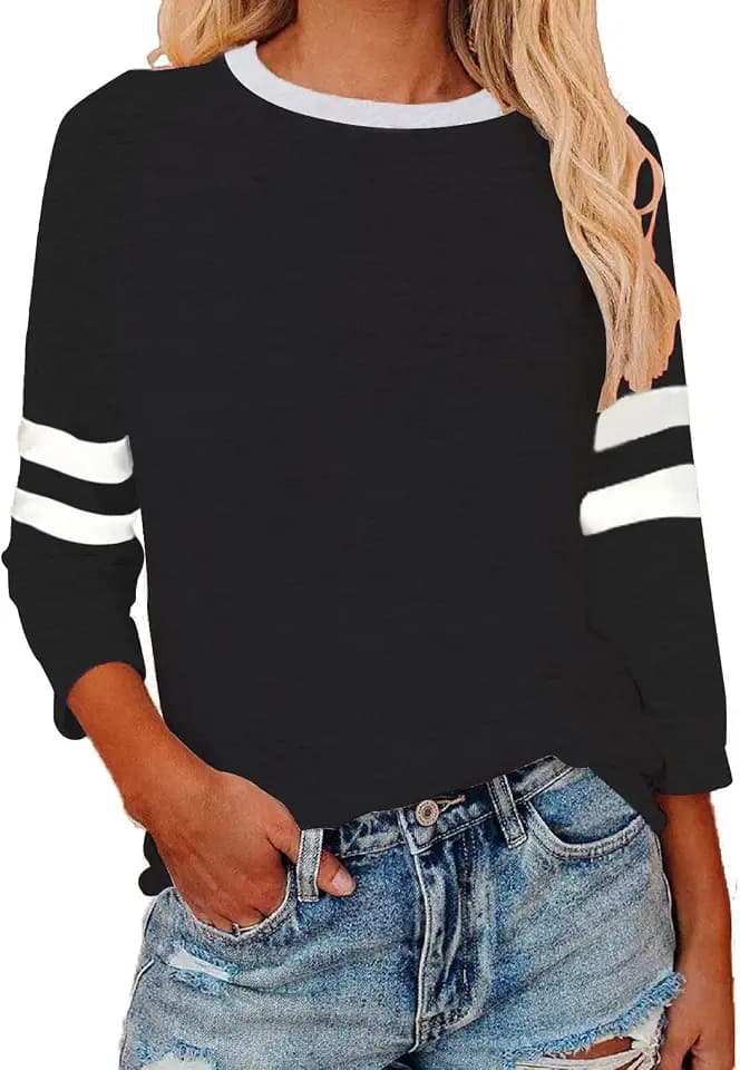 Womens 3/4 Sleeve Fashion Crewneck Tops Patchwork Blouse Baseball Shirts
