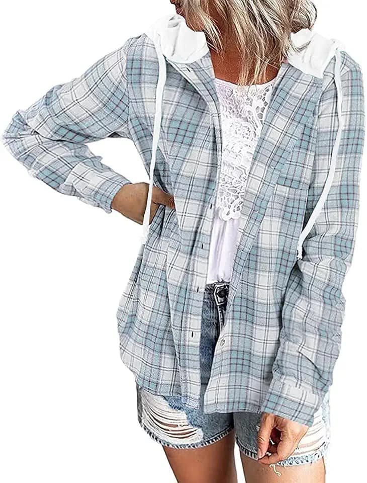 LACOZY Womens Flannel Checked Shirts Hoodies Long Sleeve Oversized Buffalo Plaid Sweatshirt Button Down Jacket Sweater