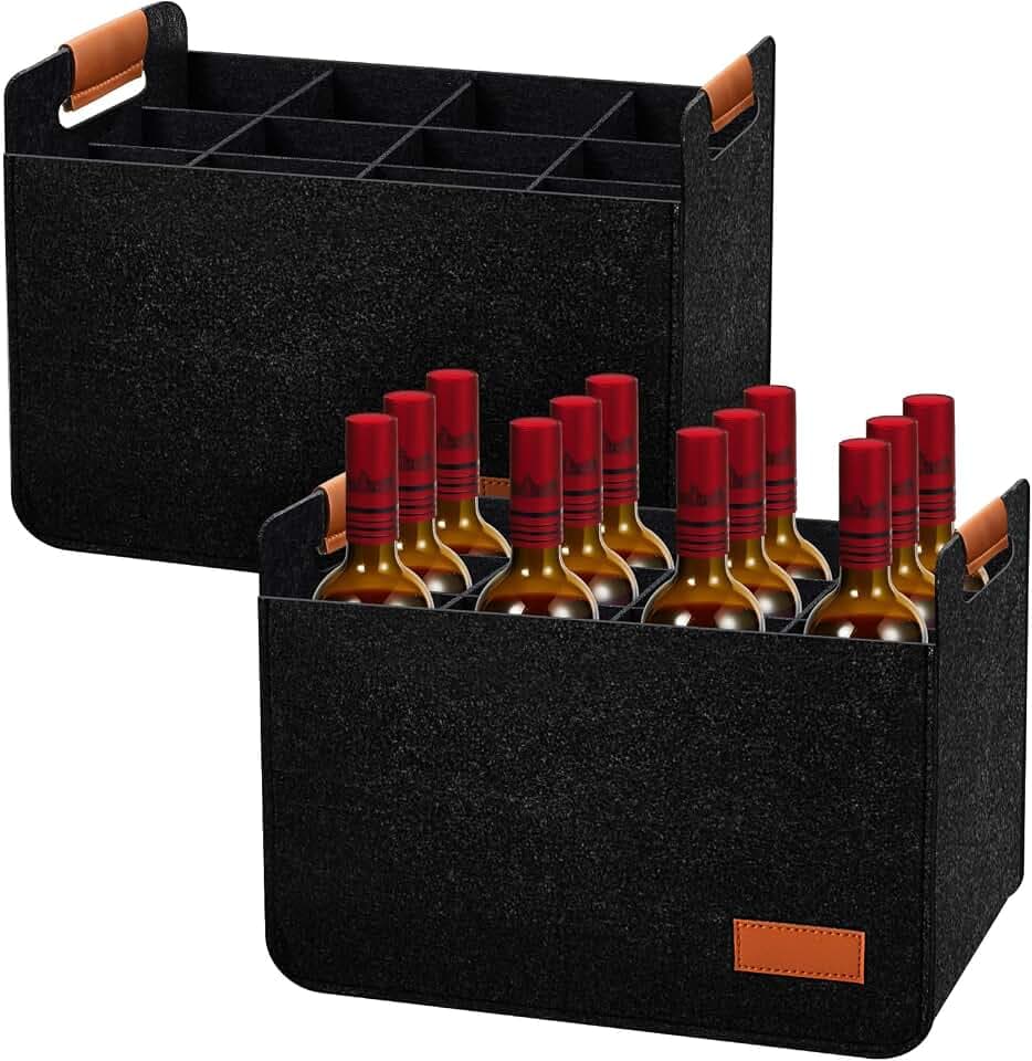 Peryiter 2 Pcs 12 Bottles Wine Carrier Tote 14.6 x 12.6 x 10.6, Black
