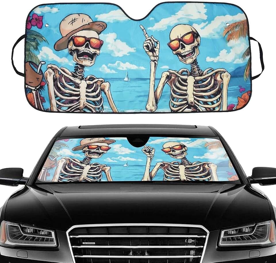 Blueshyhall Sonnenblende Auto mit Totenkopf Skelett Motiv, Auto Sonnenschutz Frontscheibe Innen Abdeckung Vorne aus Aluminiumfolie mit Saugnapf, Auto Sunshade Lustig Sommer für PKW (145 x 70 cm)