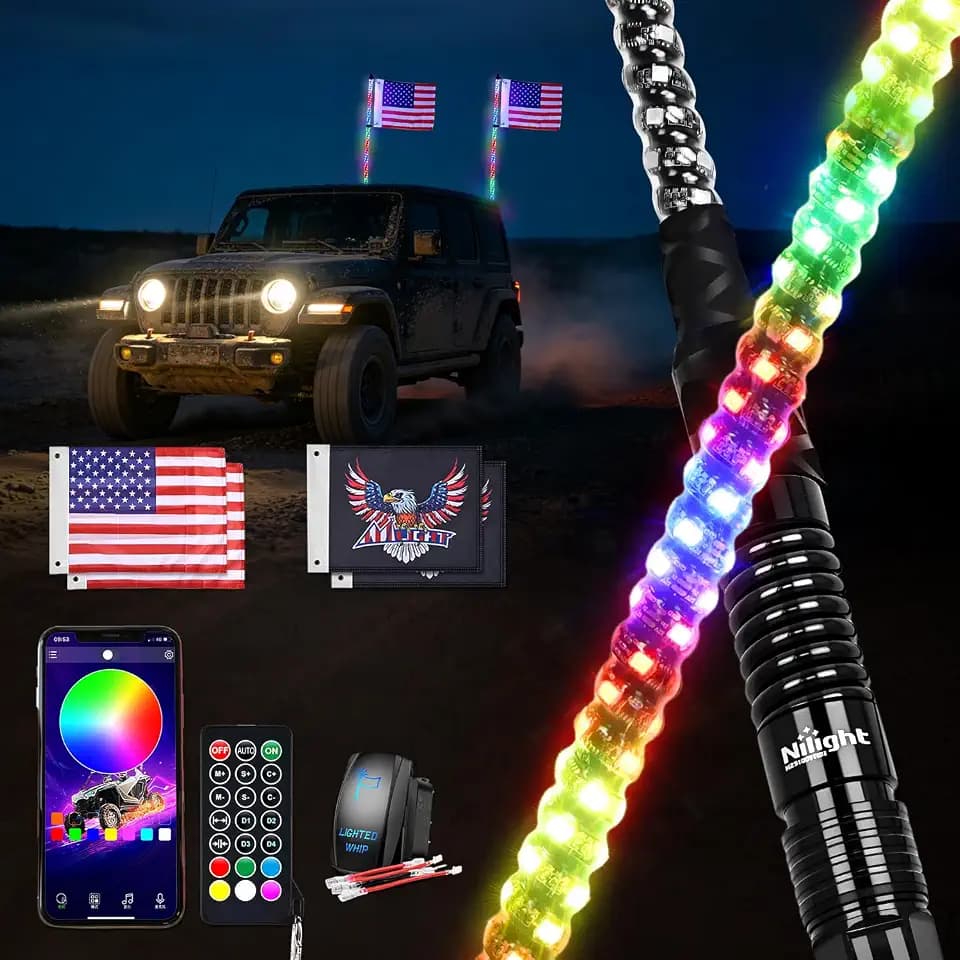 Nilight RGB LED Whip Light 2PCS 5FT Spiral Antenna Whips