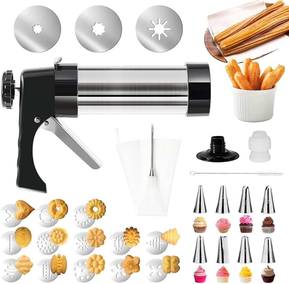 3-in-1 Churro Maker & Spritz Cookie Press Gun Kit, Stainless Steel Baking Tool with 16 Discs, 8 Icing Nozzles, Piping Bag & Cleaning Brush, Easy Press Handle for Homemade Cookies and Churros