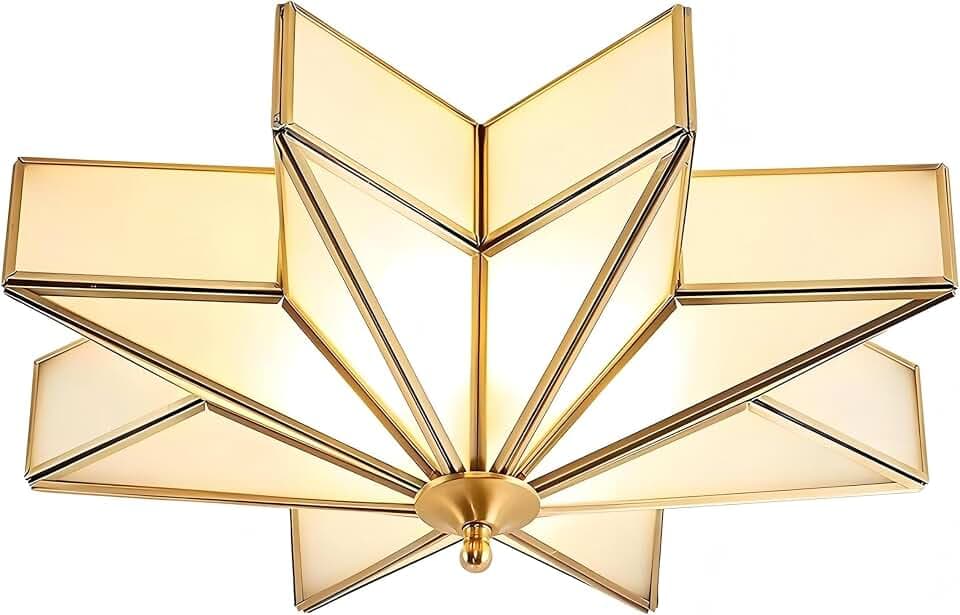 LIGHTLAND 19.7 Inch Star Brass Ceiling Light, 4 Lights Flush Mount Ceiling Lamp with Glass Lampshade, Art Deco Close to Ceiling Light Fixtures for Bedroom Living Room Entryway Hallway, Gold