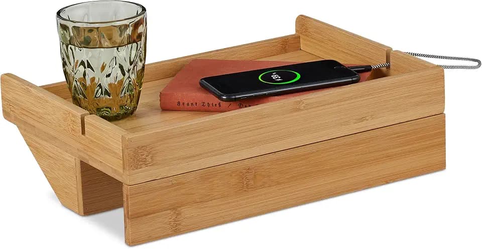 Relaxdays Bettablage, Mini-Nachtisch zum Klemmen, Bett & Hochbett, HxBxT: 10 x 33 x 24 cm, Kabelschlitze, Bambus, Natur