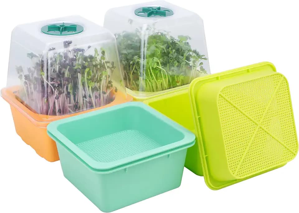 Microgreen Growing Trays, 5" x 5" Sprouting Tray with Humidity Dome, 1.2 mm Small Mesh Holes, BPA Free, Sprouter Kit for Growing Mirco Seeds, Like Broccoli, Alfalfa, Radish, Clover - 4 Pack | Colorful