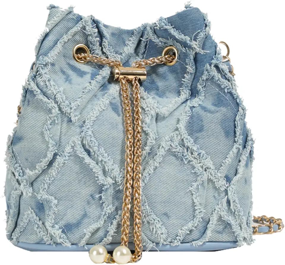 Denim Bucket Bag Quilted Drawstring Jean Purses for Women Denim Clutch Hobo Bags Crossbody Handbag