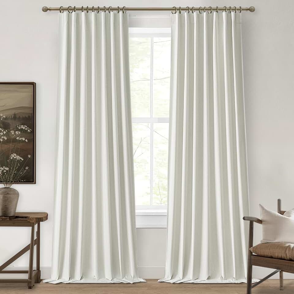 Black Out Pleated Curtains 105 Inch Long 2 Panels Burg, Sound Curtains Noise Reducing Heavy Drapes Boho Flax Linen Tall Curtain for Living Room/Office at Home Back Tab&Hooks(W50 x L105 Beige White)