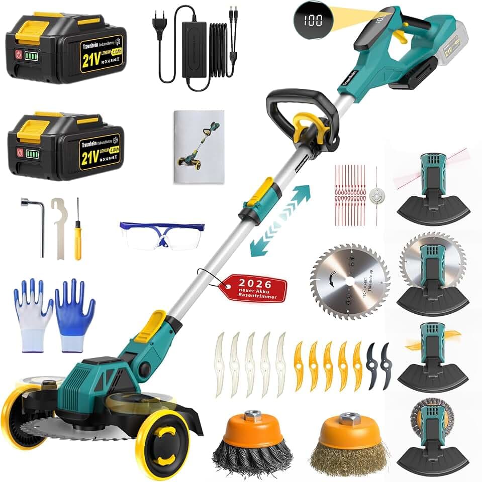 Rasentrimmer mit Akku, 21V Akku Rasentrimmer für Makita Akku, Rasentrimmer mit Unkrautbürste, 2 * 4.0Ah 5 in 1 Rasentrimmer, 900W Bürstenloser Motor Freischneider Akku für Rasen, Garten, Hof(Blau)