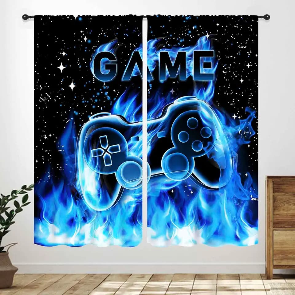 Gamer Curtains for Kids,Outer Space Gaming Game Controller Blue Flame Cool Video Game Window Treatments Drapes for Teens Boys Girls Bedroom Playroom 2 Panels,42X54 Inch