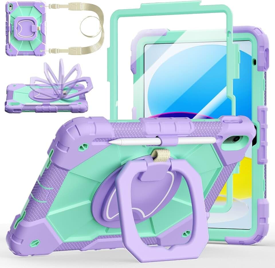 Case for iPad (A16) 11th/10th Generation 11/10.9 Inch 2025/2022, Ubearkk for iPad a16 case with Screen Protector, 360 Degree Rotating Stand Shoulder Strap Pencil Holder,Purple Mint