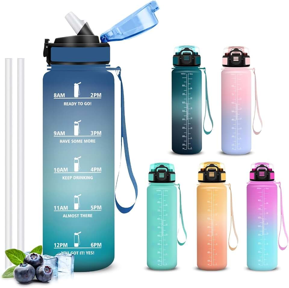 Trinkflasche 1l, Wasserflasche Auslaufsichere, Trinkflasche Sport mit Sichere Verriegelung, Mit Zeitmarkierung und Schnürung, Flasche mit Strohhalm, Water Bottle für Uni, Fitness, Reisen
