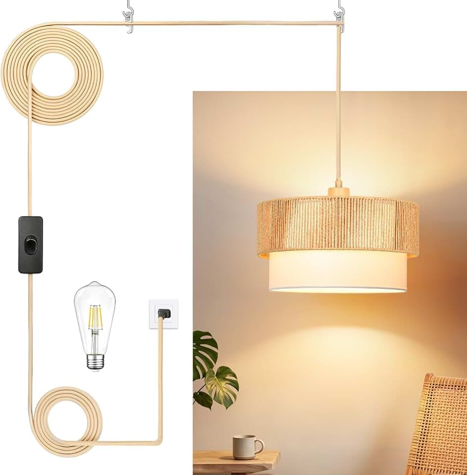 Qingmiao Boho Plug in Pendant Light, Handwoven Shade, 3 Way Bulb, 14ft Cord