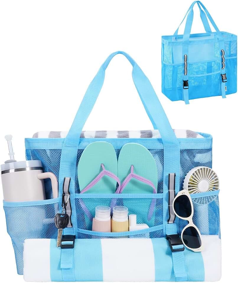 WANDF Mesh Beach Bag for Women, Family Pool Bags for Cruise (Blue)