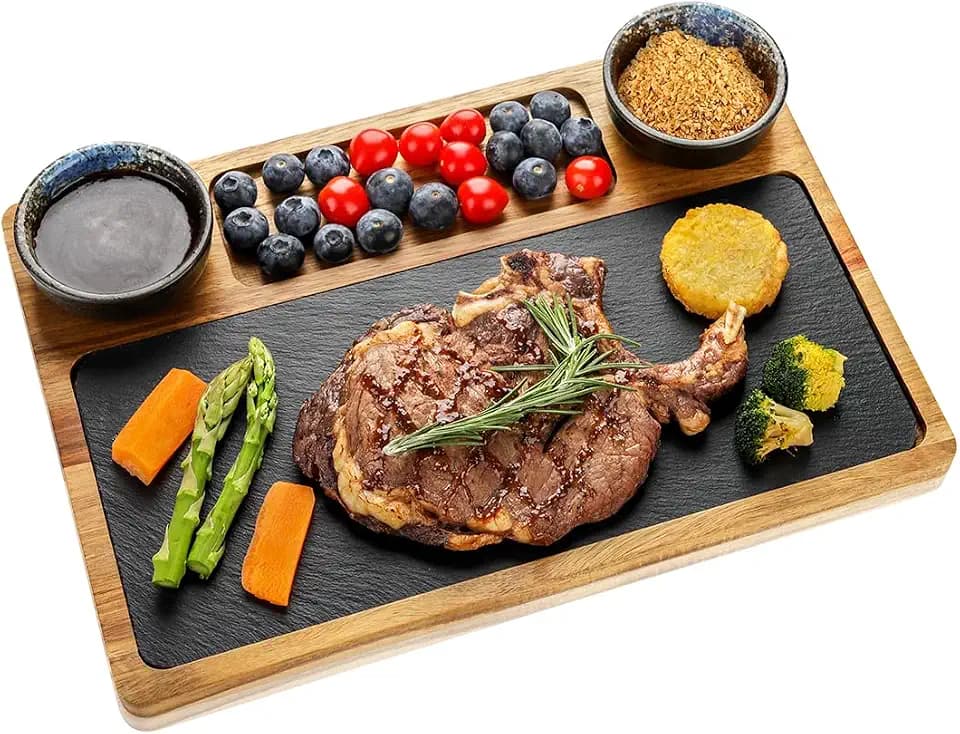 Schieferplatte Servierplatte Für Steak, Zum Grill Geschirr, Schieferplatte Servierplatte aus Akazien-Holz mit 2 Dipschale und Fächern, Steakteller Vorspeisenteller