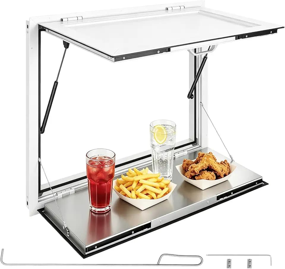 VEVOR Concession Window Folding Shelf 36x36in Aluminum Alloy Service Window, for Food Truck, Up to 85 Degrees, with Awning Door and Drag Hook, Rainwater Resistant