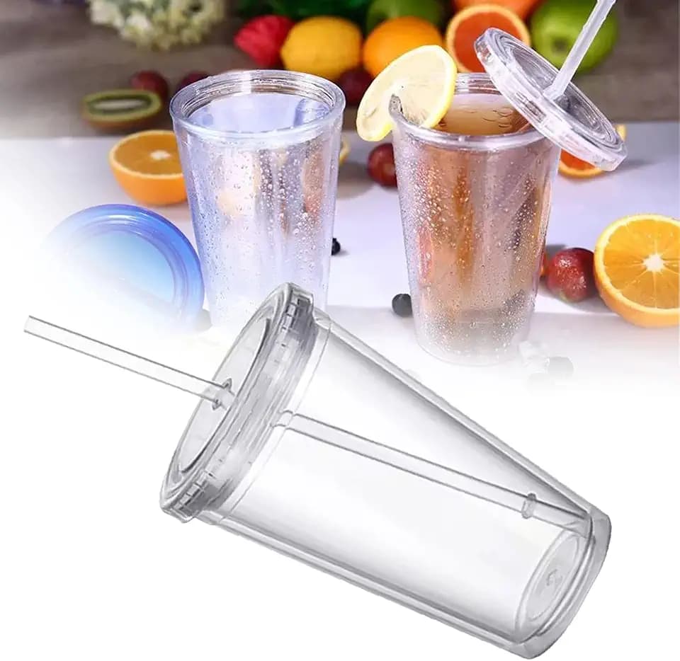 Plastikbecher Reisebecher mit Strohhalm,doppellagiger Kunststoff versiegelter Becher für Fruchtsaft Smoothie Saft Kaffee Eiskaffee