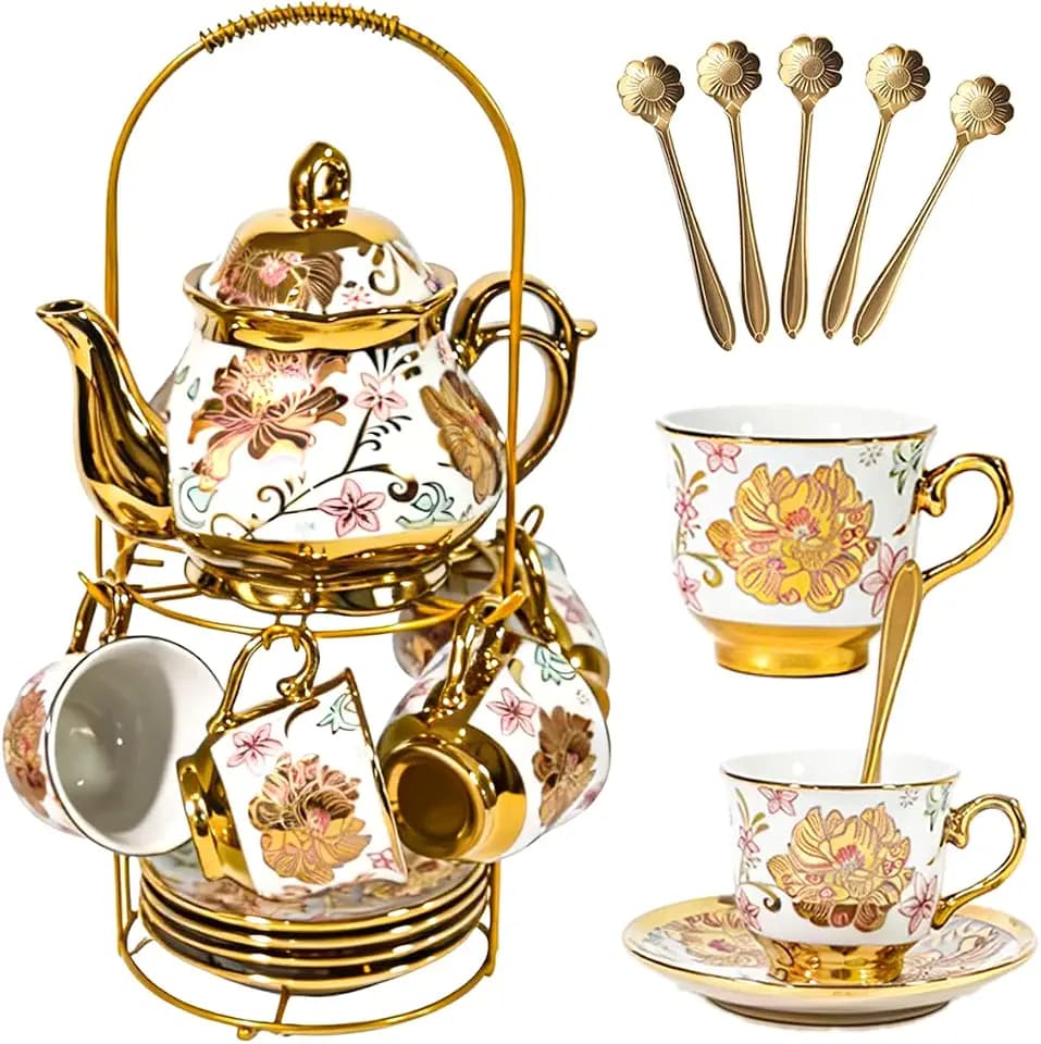 CHANJOON Gold Plated Red Rose Ceramic Tea Sets, Vintage Tea Set with Teapot, Beautiful Tea Set Coffee Serving 6 People (pink, Medium)