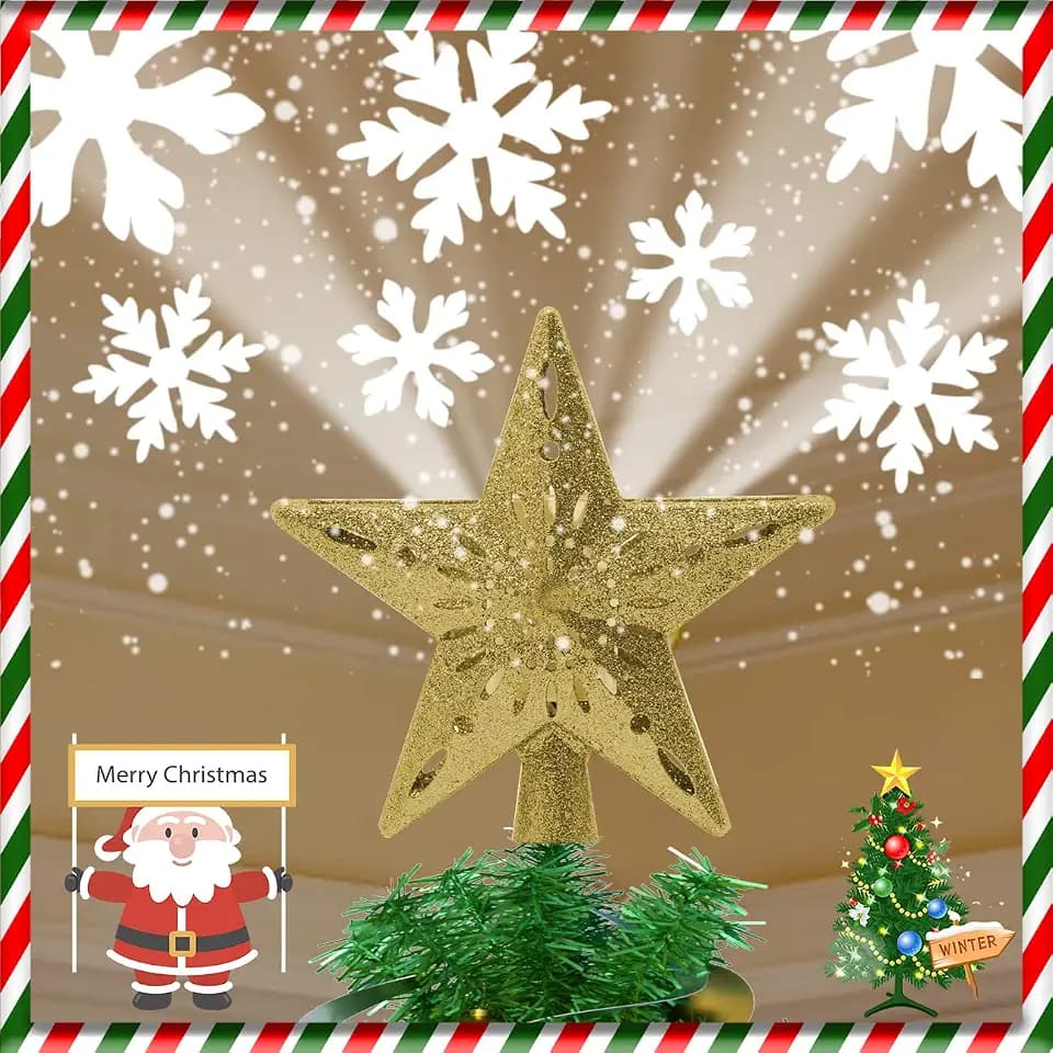 Stern Weihnachtsbaumspitze beleuchtet mit eingebauter rotierender magischer Kugel,Weihnachtsdekoration, LED-Baumkronen-Projektor für Weihnachtsbäume,Winter-Heim-Wunderland-Party-Ornament (Gold)