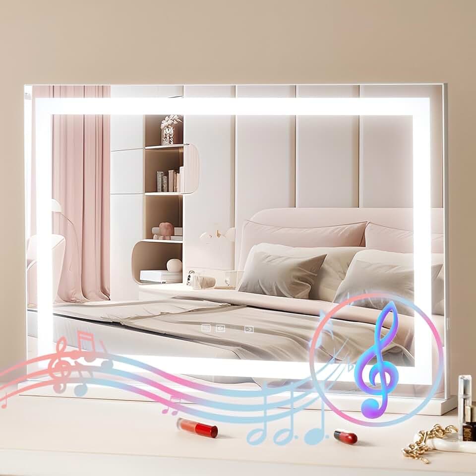 VEVOR Hollywood Schminkspiegel mit Beleuchtung, Kosmetikspiegel mit 3 Farbbeleuchtungsmodi, LED-Schminkspiegel mit Lichtern, 5-fache Vergrößerung, Bluetooth, USB, Smart-Touch-Steuerung, 797x547mm