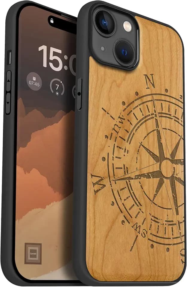 Carveit Wood Case for iPhone 15 Plus, Incomplete Compass, Cherry
