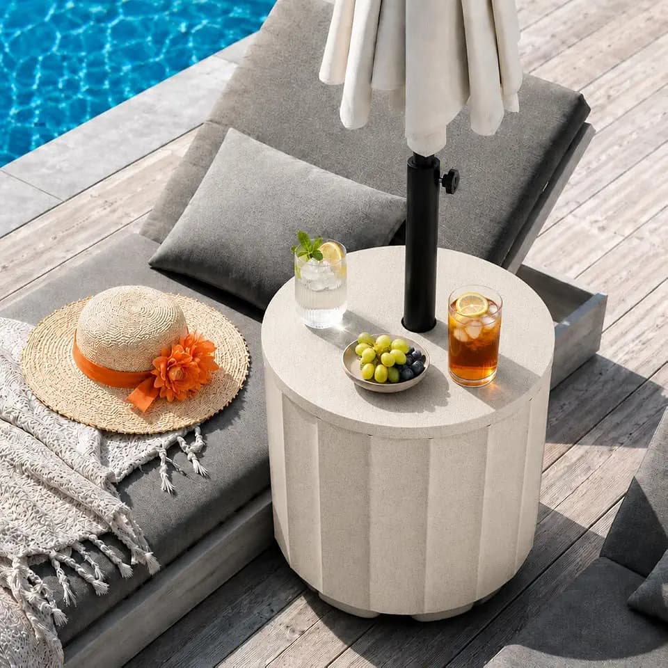 Umbrella Side Table with Hole, Weighted Umbrella Base, Beige