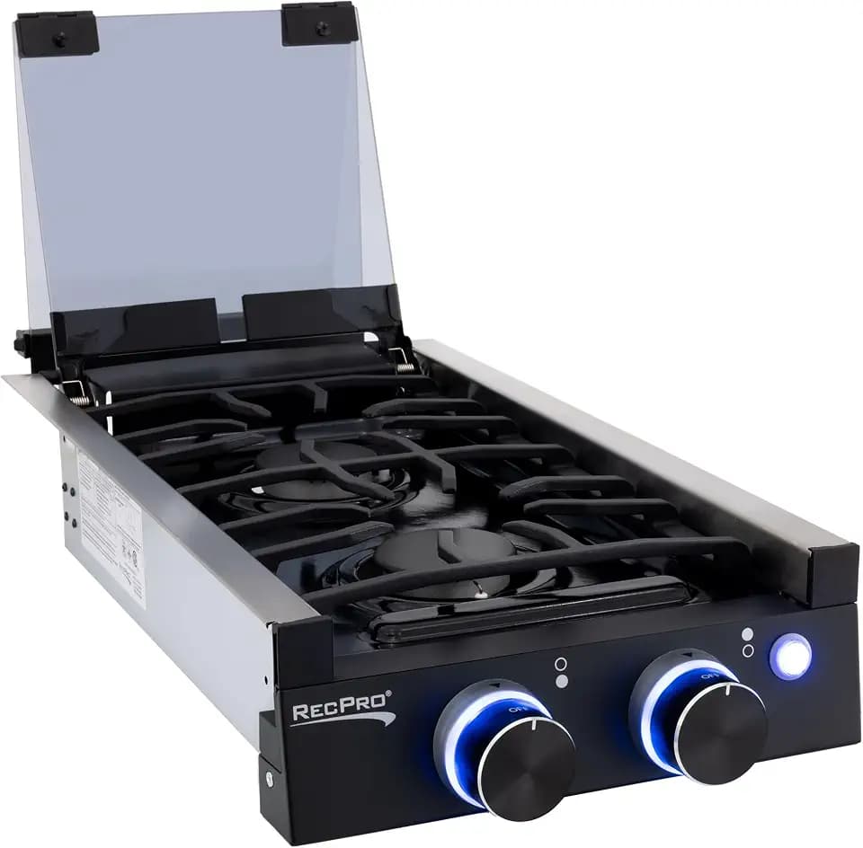 RecPro RV Black 2 Burner Cooktop Stove 6,500 & 8,000 BTU Burners
