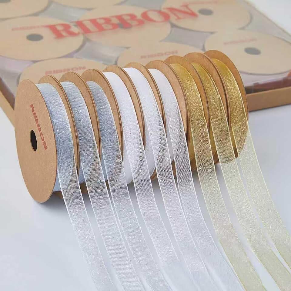 3/8" x 90 Yards Organza Ribbon Set 9 Rolls x 10 Yards Sheer Ribbon for Gift Wrapping Crafts Christmas Decorating, Embroidery, Crafting, Sewing,Wedding, Birthday Party. (White+Gold+Silver)