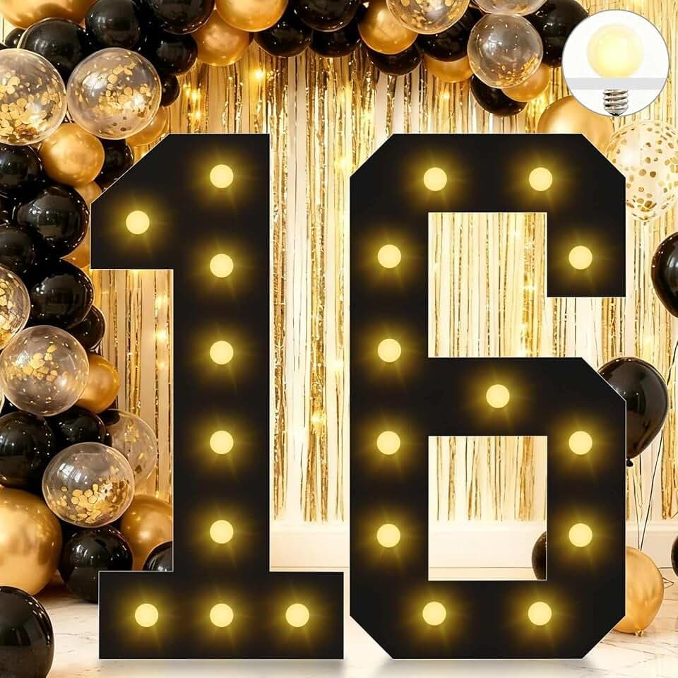 4FT Light Up Numbers 16, Easy to Assemble Black Giant Marquee Number