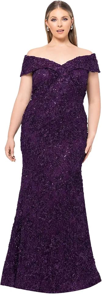 Xscape Women's Off the Shoulder Sequin & Lace Overlay Evening Gown with Sweetheart Neckline, Sheath Formal Dress