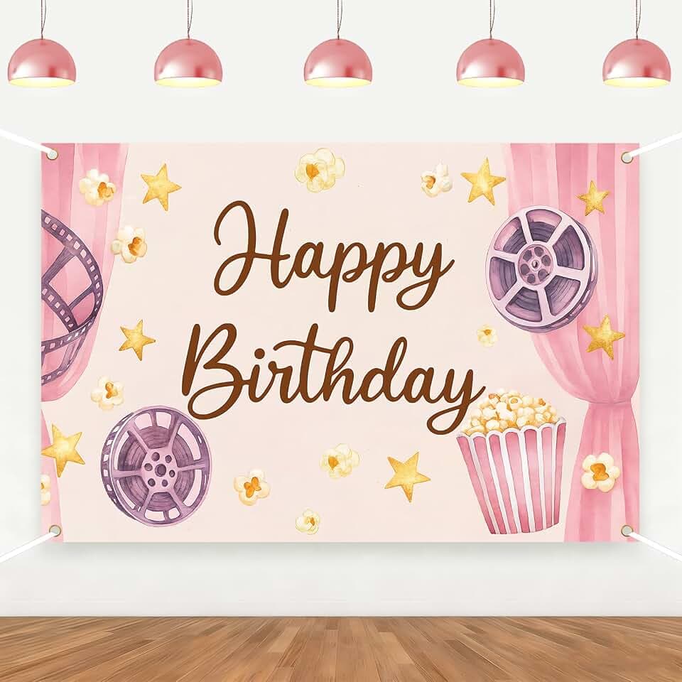 Movie Night Backdrop Movie Night Birthday Party Decorations Banner Pink Popcorn Cinema Photography Background for Cinema Theme Birthday Decors Party Supplies Photo Booth Props 5 * 3ft