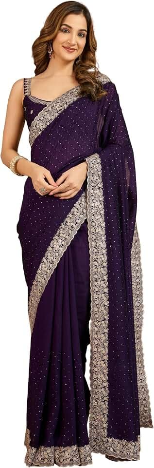 TRENDMALLS Damen-Saree mit Kunstseide, bestickt, Siroski-Arbeit, mit ungesäumtem Blusenteil für Frauen, Violett, One Size