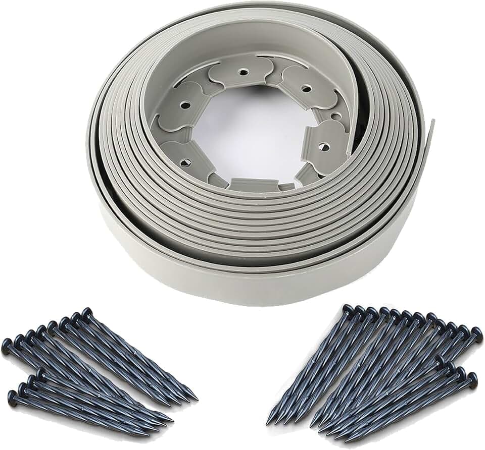 Aotuosa Flexible Rasenkante aus Kunststoff 10 cm Höhe 10 Meter Länge mit 30 Erdanker Garten Deko Beeteinfassung zur Beetbegrenzung Verankerung Gartenumrandung Rasenkantenstein (Grau - 10cm x 10m)