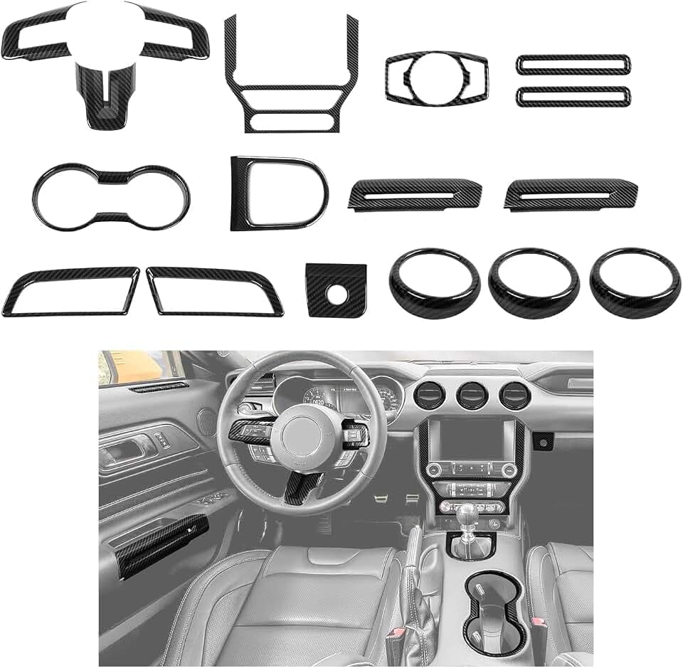 17PCS Carbon Fiber Full Set Interior Trim Kit for 2015-2023 Ford Mustang, Interior Decor Accessories Dashboard Navigation Gear Shift Door Handle Headlight Glove Box Cup Holder Steering Button Frame