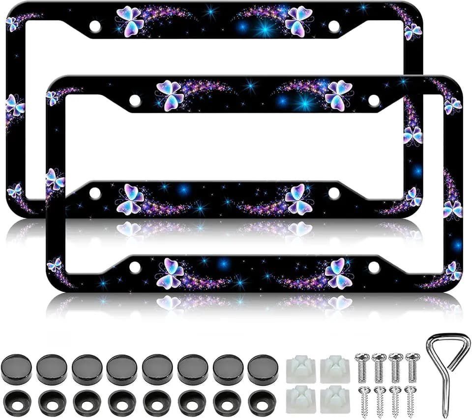Butterfly License Plate Frame - 2PCS Beautiful Butterfly Personalized Aluminium Metal License Plate Holder, Rust-Proof Waterproof Car Decorative Tag Frames