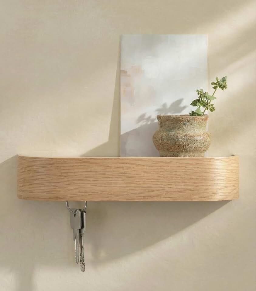 Kazai. Key Holder 'Toke' | Minimalist Key Hook Design from Berlin | Modern Key Holder Wall Mount with Wooden Shelf | Key Rack for Wall as Entryway Organizer | Oak, White