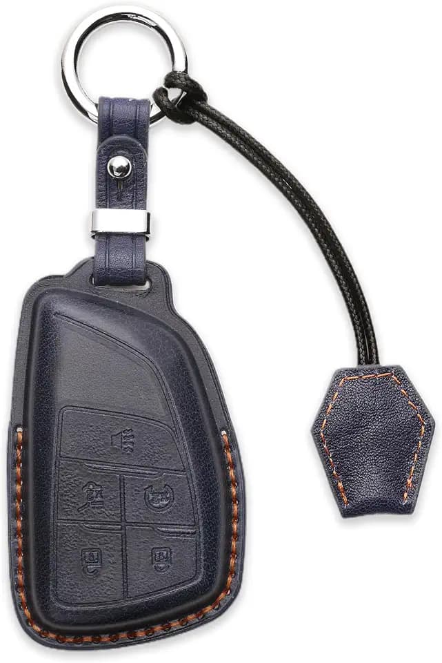 Leather Key Fob Cover for GMC Yukon 2021-2024 Terrain 2024-2025, for Chevy Equinox Traverse Blazer EV, for Buick Envision 2021-2025 Smart Remote Case with Keychain & Lanyard 5-Buttons (Blue)