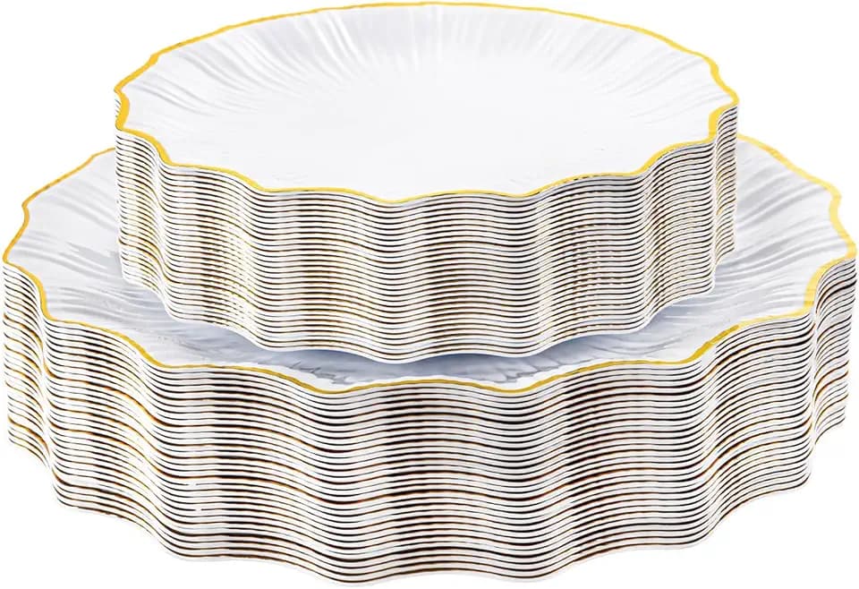 Rubtlamp Heavyduty 60Pcs Gold Plastic Plates - White Scalloped Plates with Gold Trim - Fancy plastic plates- 30 Dinner & 30 Dessert Platos for Party, Wedding (30 Guests)