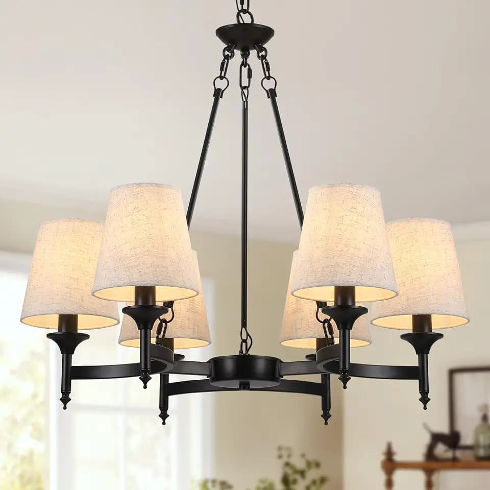 CNRATYE Black Chandeliers for Dining Room Light Fixtures Over Table, 6-Light Modern Farmhouse Round Chandelier with Linen Shades, Vintage Hanging Pendant Lighting for Kitchen Bedroom Living Room
