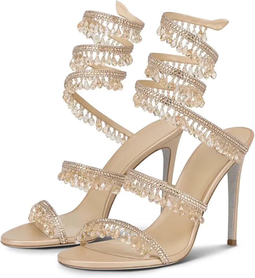 Rhinestone Wrap Around Strappy Stiletto High Heels for Women (Beige 5)