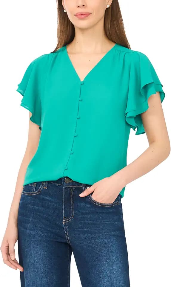 CeCe Double Flutter Sleeve Shirred Shoulder Top