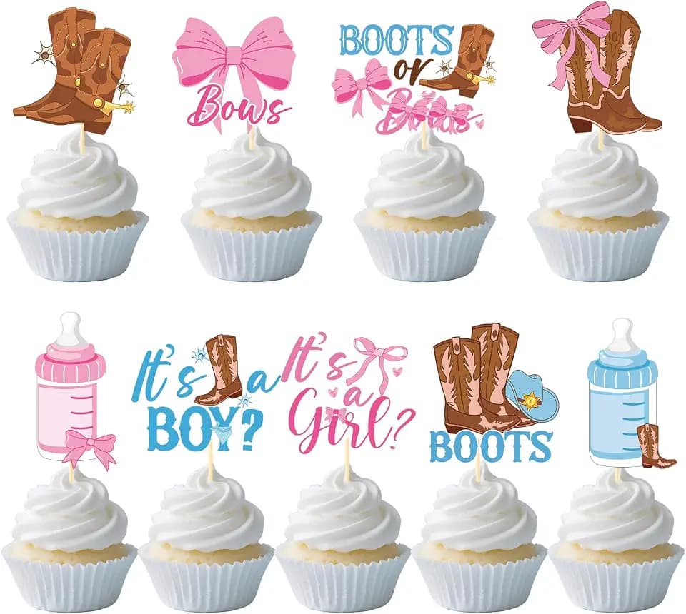 Boots Bows Gender Reveal Decorations - Inisajace 36PCS Boots Bows Cupcake Toppers Decoration Western Cowboy or Cowgirl Cupcake Picks Baby Shower Decor Supplies