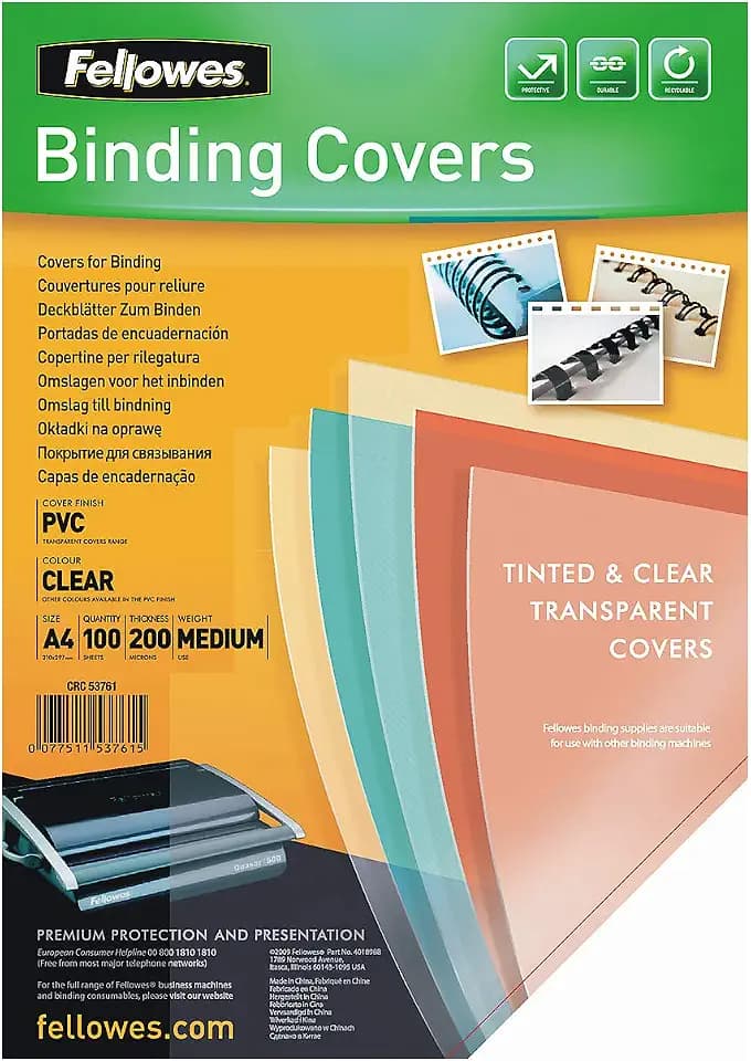 Fellowes Klarsicht Deckblatt aus PVC, A4 Format, 200 mic Stärke, transparent, ideal für Plastikbindung und Drahtbindung, Pack mit 100 Stück