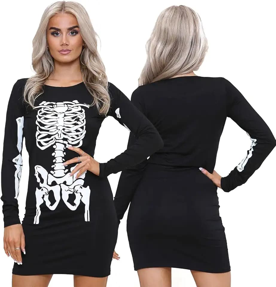 NOROZE Damen Frauen Halloween Skelett Schädel Knochen Rot Blut Herz Bodycon Kostüm Neuheit Party Kleid