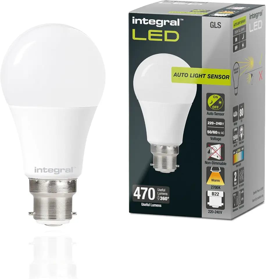 Integral LED 2PK GLS B22 Nicht dimmbare Milchglas Glühlampe mit Dämmerungssensor | Dual Sensor Warm White 2700K, 470lm, 4.8W (entspricht 40W) für draußen, Veranda, Garage, Garten