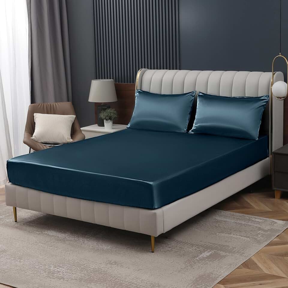 Homiest Deep Sea Blue Satin Fitted Sheet, Twin Deep Pocket Only