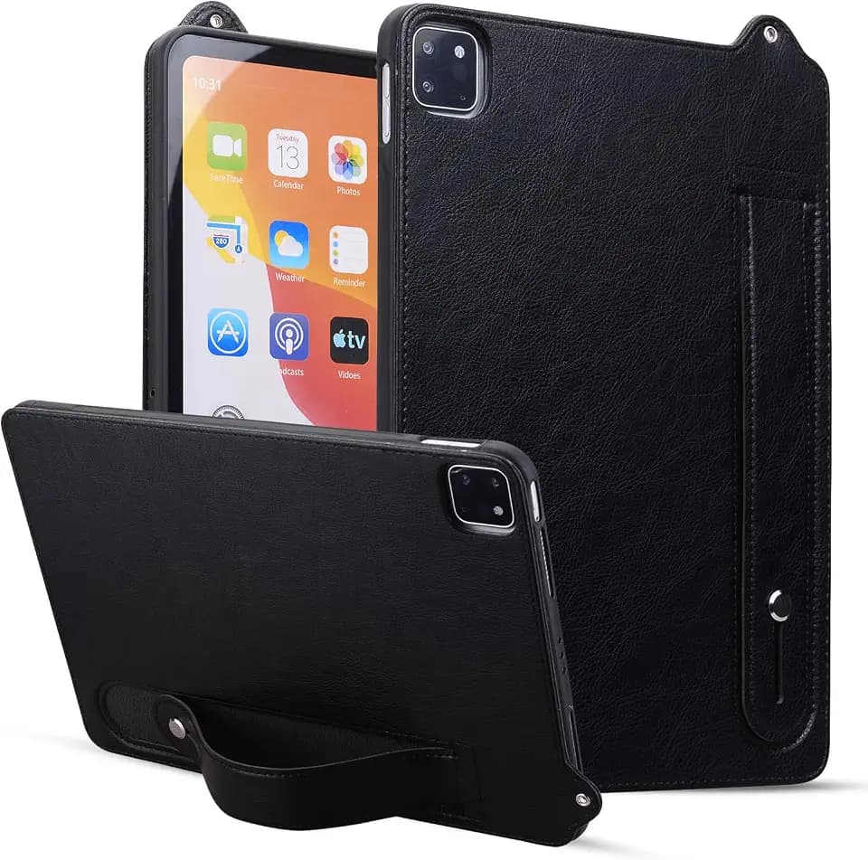Slim Case for Apple iPad Pro 13 Inch M4 2024, PU Leather Lightweight Hand Strap Stand Feature Drop Protection Back Cover for iPad Pro 13" 2024, Black